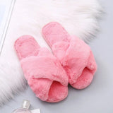 Winter Women House Slippers Faux Fur Fashion Cross Warm Shoes Woman Flats Female Open Toes Slides Pink Cozy Furry