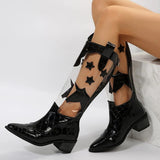 Transparent Knee High Boots Women Pointed Toe Chunky Heels Cowbot Boots Woman Patent Leather Patchwork Long Botas