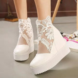 Women Crochet Lace Zipper Design Wedge Sandals High Heel Casual Ethnic Open Toe Platform Height Increasing Chunky Ladies