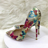 Embossed Printed Women Gold Floral Pointy Toe Elegant High Heel Shoes for Party Dress Comfortable Slip On Stiletto