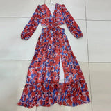 Spring Side Split Dress For Women V Neck Long Sleeve High Waist Print Colorblock Midi Dresses Female Clothing