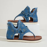 Women's Casual Denim Sandals Women Gladiator Sandals Back Zipper Open Toe Non Slip Thong Sandals, Versatile Roman Style