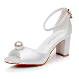 Breakj Cm Fish Mouth High-Heeled Sandals Shallow Pearl Large-Size Round-Head High Heels Bride Wedding Silk Satin Cloth Coarse