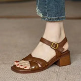 Breakj Summer New Retro French Coarse Sandals Female Exposed Toe Soft Leather Heel Cross Roman
