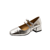 Versatile Silver Mary Jane Shoes Women 2023 Spring And Autumn Thick Heel With A Word Buckle Belt Shallow Mouth Heel Single