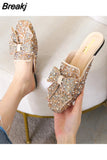 Women Square Toe Paillette Beads Mules Slippers Summer Shoes Womens Sandals Flip Flops Pearl Bling Glitter Slides Plus