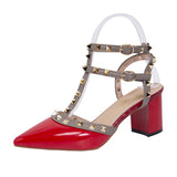 Shoes 21 Summer Sandals Pointed Patent Leather Rivet Buckle Sandals Thick with Heel Wild Thin Ladies Shoes and