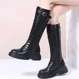 New Thicken Winter Knight Boots Women Knee High Long Square Heel Boots Retro Thick Motorcycle Boots Black White Botas