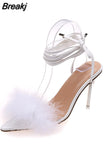 Women Sandalias Pink High Heels Women Cross Strap Furry Fluffy Sandals Pumps New Sexy Ankle Bind Stiletto Open Toe