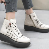 New Genuine Leather Wedge Ankle Boots For Women Summer Platform Shoes Retro Hollow Out Back Zipper Breathable Cool