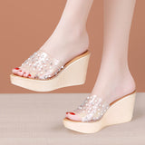 Sandals Slippers Women Wear 2023 New Muffin Thick-Soled Water Drill Two Transparent Large-Size Word Slippers In