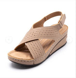 Shose Summer 2021 Casual Leather Sandals Velcro Retro Sandalis Women Plus Size Hollow Wedges