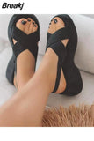 New Large Thick Sole Sandals Round Toe Solid Sandals Women's Platform Slip on Causl Femme Shoes Brown Black