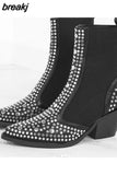 style square rivets ankle boots for women pointed toe Western cowboy decoration winter boots studs Autumn botas