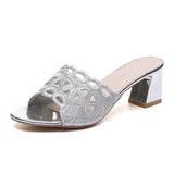 Women Slipper Peep Toe Thick Heels Outside Flip Flops Shoes Woman High Heel Slides Ladies Rhinestone Hollow Beach