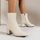 White High Heels Ankle Boots for Women 2023 Autumn PU Leather Square Toe Short Boots Woman Fashion Thick Heels Botas