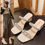Word Rhinestone Transparent Cool Slippers Female Summer Outside Wear 2024 New Temperament Fairy High Heels Square Head Thick Heel