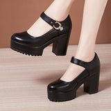 Cheongsam Catwalk High Heels Waterproof Platform Large Round Head Thick Heel Black Professional Single Shoes Working