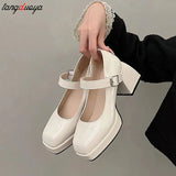 Beige Platform Pumps for Women Super High Heels Buckle Strap Mary Jane Shoes Woman Thick Heeled Wedding Party Shoes