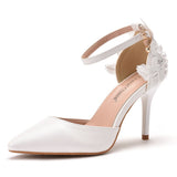 Breakj Lace Flower Wedding Shoes One-Word Wristband Bridal Shoes Fine Heel Sharp Wedding Shoes Women Sandals Car Show