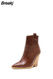 Gold Snake Print Ankle Boots For Women Wedge High Heels Boots Woman Runway Design Chunky Heels Botas Mujer Western