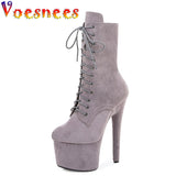 Women Candy Color 17CM Pole Dance Boots New Pure Colour Suede Nightclub Performance Shoes Waterproof Platform Lace Up High