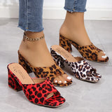 Breakj Summer New Large Women's Shoes Square High Heel Slippers Women Leopard Print Coarse Sandals