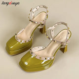 platform heels sandals Mary Jane Shoes Buckle Pumps Women Elegant Shallow Square Toe Footwear Outdoor Lady Shoes