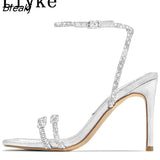 Sexy Silver Crystal Ankle Strap Sandals For Women 2023 Summer Square Open Toe Rhinestone Heels Party Prom Shoes Size