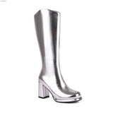 Silver Boots Mid Calf Women Mirror Rave Party Shoes Block Med Heels Western Boots Zipper Autumn Winter Platform