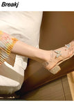 Women's Shoes Sandals 2023 Summer New Rhinestone Buckle Bow Round Toe Chunky Heels Shoes for