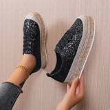 Women Sneakers Woven Gold Sequins Single Shoes Round Head Lace-Up Retro Platform Flats Shoes Light Cozy Walking Vulcanized
