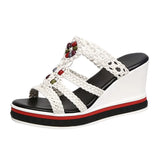 Women Slipper Sandals 2023 Wedges Platform Leather Peep Toe Crystal Elegant Female Sandals Ladies Mules Summer