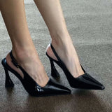 Breakj Spring And Summer New Black Leather High Heels Women Senior Sense Horseshoe Heel Tip Fine Heel Single Shoes