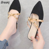 Toe Slippers Summer New Pointed Toe Flat Chunky Heel Women's Rivet Slippers Fashion Low Heel Slip-on Shoes Women