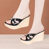 Slope Heel Slippers Women Summer 2024 Muffin Thick Soles Wear One-Word Flip-Flops Large Size Slippers Wear Fashionable Lacquered Leather