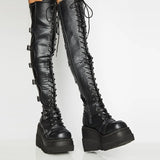 Over-the-knee Boots Women Platform Heels Belt Buckle Boot Motorcycle Goth Shoe Thigh High Flat Boots Plus Size 42
