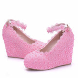 Breakj Lace Wedding Shoes Slope Heel Single Shoes Buckle With Slope Heel Shoes Waterproof Table Large Size