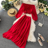 2021 Summer Women Red Two Piece Set Long Sleeve Tunic Waist Crop Chiffon Tops+High Waist Lotus Leaf Edge Long Skirt
