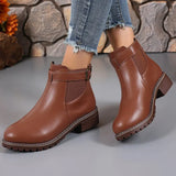 Breakj And Winter New Large-Size Women Thick-Bottomed Boots Belt Buckle Decorated Round Head Short Boots