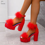 Furry Sandals High Heels with Fur Female Platform Pumps Women Ankle Strap Women's Wedge Shoes 2023