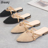 Toe Slippers Summer New Pointed Toe Flat Chunky Heel Women's Rivet Slippers Fashion Low Heel Slip-on Shoes Women