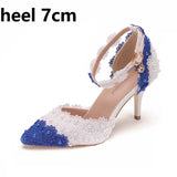 Breakj Cm Tling Blue And White Lace Flower Banquet Stage Sandals Fine Heel Sandals Women's Ball Cheongsam Pointed