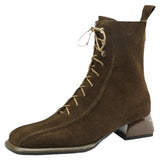 Breakj Lace-Up Short Boots Female Thick With Soft Leather Frosted Autumn Winter New Fashion Retro Simple Square Head In The Heel Martin