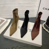 Breakj New Autumn And Winter 2024 Wind Silk And Satin Sleeve Fashion Pointed Short Boots Women's Thin Heel Elastic Silk Stockings Boots Short Tube Thin