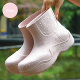 Sole Design Women Rainboots Lightweight EVA Slip-on Ladies Rain Shoes Solid Outdoor Waterproof Girls Platform Ankle