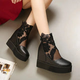 Women Crochet Lace Zipper Design Wedge Sandals High Heel Casual Ethnic Open Toe Platform Height Increasing Chunky Ladies
