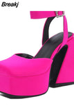Chunky Heeled Satin Ankle Strap Pumps 2023 Spring Summer High Heel Wedding Shoes Walking Comfy Women Sandal Big Size