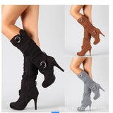 Breakj New High Heel Suede Middle Boots Belt Buckle Large Size Thin High Heel Round High