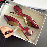 Flat Sandals Women Spring Summer Rhinestones Single Shoes Square Toe Simple Solid Color